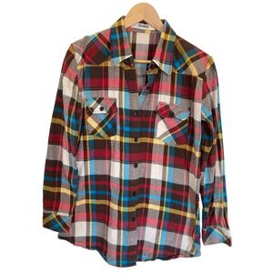 OCHENTA Womens M Multicolor Plaid‎ Flannel Button Down Shirt Long Sleeve